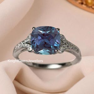 Wedding Alexandrite Ring Cushion Cut Alexandrite Engagement Ring June Birthstone Ring Color Change Stone Promise Ring 14k White Gold Rings