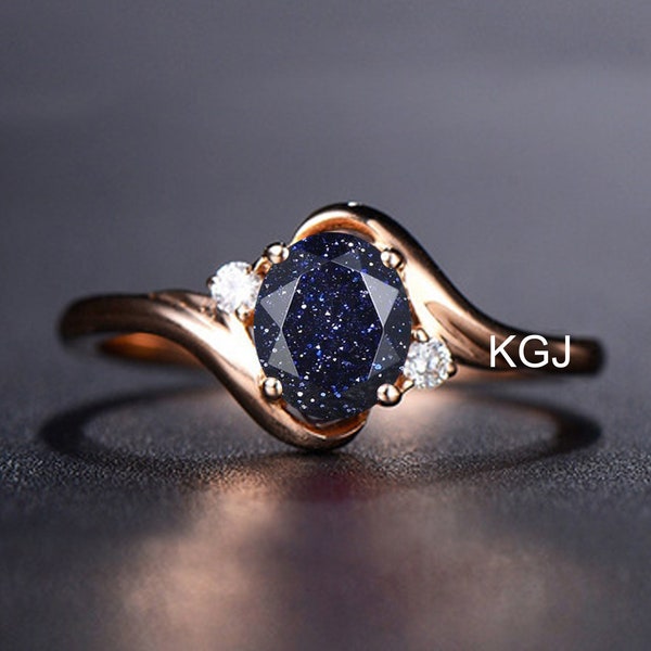 Sandstone Ring Galaxy Blue Sandstone Ring Unique Art Deco Wedding Ring Dainty Sandstone Ring