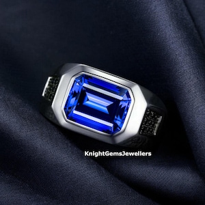 Emerald Cut Lab Sapphire Ring: Royal Blue Sterling Silver Men&#39;s Ring