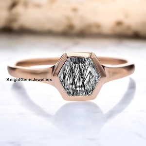 Genuine Black Rutilated Quartz Engagement Ring, 925 Sterling Silver Ring, Hexagon Cut Black Gemstone Ring, Silver Unisex Ring