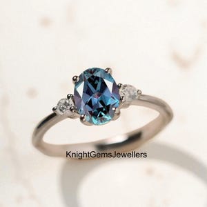 Oval cut color changing alexandrite wedding ring, 14k white gold, June birthstone ring