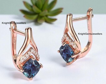 Color Changing Alexandrite Earrings Cushion Cut Rose Gold June Birthstone Women's Studs Earrings