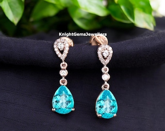 Pendientes vintage de turmalina Paraiba con corte de pera, pendientes colgantes de diamantes con halo de oro rosa macizo de 14 quilates para mujer, pendientes de turmalina azul neón.