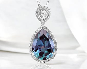 Vintage Pear Cut Alexandrite Necklace June Birthstone Moissanite Halo Pendant Minimalist 14k White Gold Necklace Jewelry Anniversary Gift