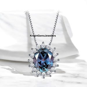 Halo Alexandrite Necklace For Women June Birthstone Color Changing Stone Pendant In 925 Sterling Silver Personalized Bridal Anniversary Gift