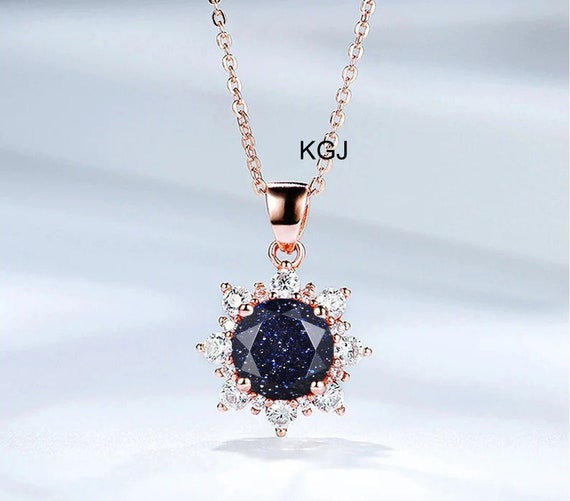 Blue Sandstone Necklace Galaxy Sandstone Pendant Round Cut