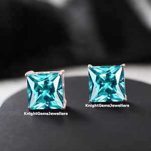 Princess Cut Paraiba Tourmaline Earrings, Neon Blue Tourmaline Earrings For Women, Minimalist Stud Earrings, Anniversary Gift For Her