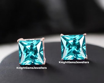 Boucles d'oreilles taille princesse en tourmaline Paraiba, clous en argent sterling bleu néon
