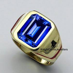 Emerald Cut Lab Blue Sapphire Ring - Sterling Silver Men&#39;s Wedding Band