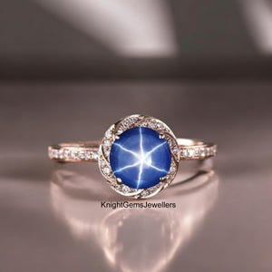 Vintage Lindy Star Ring, Blue Lindy Star Sapphire Ring in 925 Sterling Silver, Lindy Star Engagement Ring, Promise Ring, Floral Design Ring
