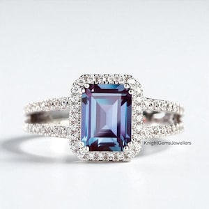 Alexandrite Ring Color Change Gemstone Ring Sterling Silver June Birthstone Ring Emerald Cut Alexandrite Promise Ring Gift For Her