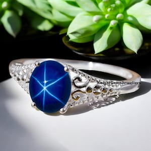 Blue Lindy Star Ring, Lindy Star Sapphire Ring, Women Sapphire Ring, 6 Ray Lindy Star Ring, Engagement Ring, Sterling Silver Promise Ring