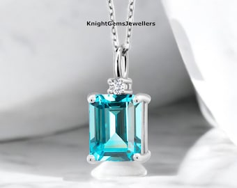 Emerald Cut Paraiba Tourmaline Necklace, Sterling Silver Solitaire, Neon Blue Birthstone