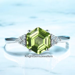 Hexagon Peridot Ring: August Birthstone Solitaire, Sterling Silver
