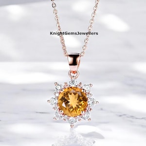 Sunflower Yellow Topaz Pendant, Round Cut Topaz Necklace, Golden Topaz Pendant, 925 Sterling Silver Pendant, November Birthstone Jewelry