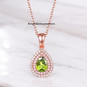 Halo Moissanite Peridot Necklace, 14k Rose Gold Vermeil Necklace, August Birthstone, Green Peridot Pendant, Ideal Women&#39;s Anniversary Gift