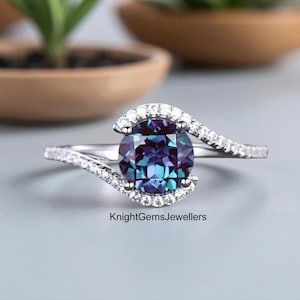 Dainty Alexandrite Ring, June Birthstone Ring, Round Cut Alexandrite Ring, 14k White Gold Wedding Ring, Women's Promise Ring, Gift For Her