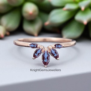 Unique Alexandrite Ring Band Alexandrite Wedding Band Anniversary Band 14k Rose Gold Eternity Band Stacking Ring Marquise Alexandrite Band