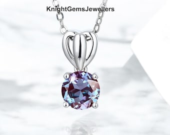 Delicate Alexandrite Pendant in 925 Sterling Silver Round Cut Alexandrite Necklace For Women Color Changing Gemstone Daily Wear Necklace