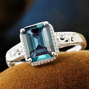 Emerald Cut Alexandrite Ring, Color Change Stone 925 Sterling Silver Engagement Promise Ring, June Birthstone Ring, Anniversary Gift For Her