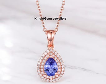 Halo Pear Tansanit Anhänger, Royal Blau Stein, 925 Sterling Silber Halskette