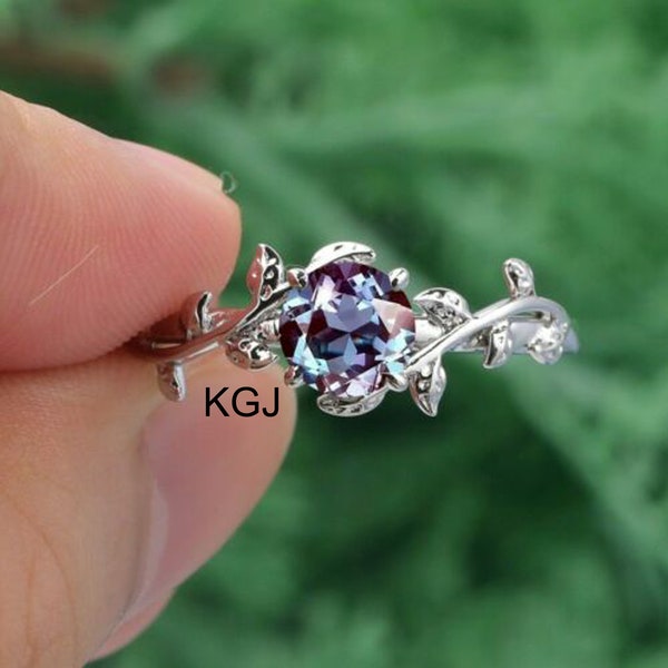 Alexandrite Ring Wedding Alexandrite Ring Womens Leaf Branch Alexandrite Ring Color Changing Stone Ring Sterling Silver June Birthstone Ring