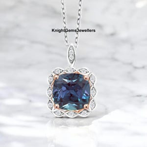 Cushion Cut Alexandrite Pendant For Women Color Change Stone Halo Alexandrite Pendant 925 Sterling Silver Alexandrite Necklace Gift For Her
