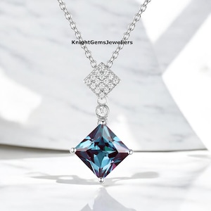 Princess Cut Alexandrite Pendant Color Change Stone Pendant Women Alexandrite Pendant 925 Sterling Silver Pendant Alexandrite Necklace