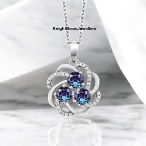 Alexandrite Necklace Floral Design Pendant In 925 Sterling Silver June Birthstone Champagne Color Change Stone Necklace Gift For Her