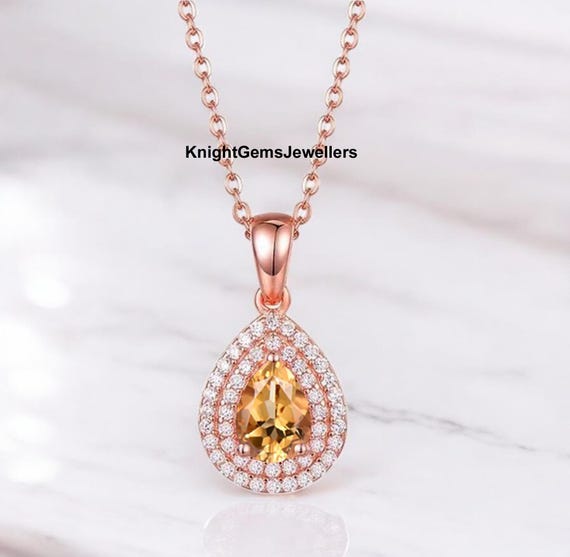 Pear Cut Yellow Topaz Necklace: Rose Gold Vermeil Halo Pendant