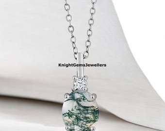 Green Moss Agate Sterling Silver Necklace, Oval Pendant