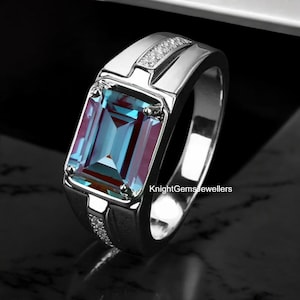 Emerald Cut Alexandrite Ring, Color Change June Birthstone Ring, 925 Sterling Silver Engagement Ring, Gift For Him, Men&#39;s Alexandrite Ring