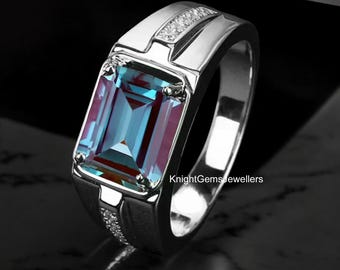 Emerald Cut Alexandrite Ring, Color Change June Birthstone Ring, 925 Sterling Silver Engagement Ring, Gift For Him, Men's Alexandrite Ring