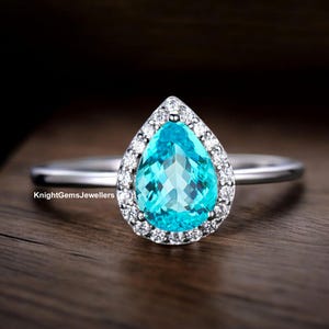 Vintage Paraiba Tourmaline Ring Pear Cut October Birthstone Sterling Silver Engagement Ring Women's Halo Tourmaline Wedding Promise Ring