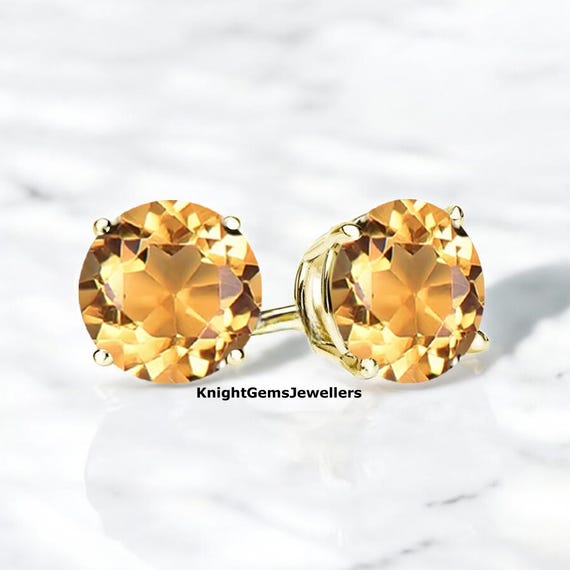 Yellow Topaz Earrings: Round Cut, 925 Sterling Silver, November