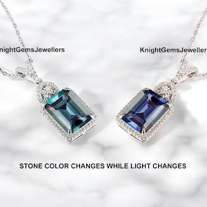 Color Change Alexandrite Necklace, June Birthstone Wedding Gift For Her, Halo Moissanite 14k White Gold Vermeil Charm Necklace