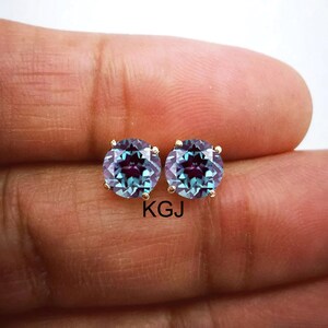 Alexandrite Earrings, Dainty Alexandrite Earrings, Round Cut Purple and Green Alexandrite Earrings, Alexandrite Stud Earrings For Women