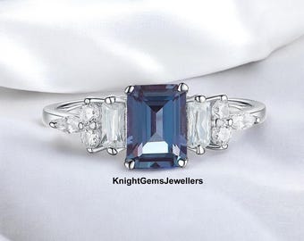 Women's Alexandrite Engagement Ring, 925 Sterling Silver Band, Color Change June Birthstone