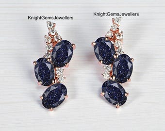Oval Cut Galaxy Blue Sandstone Earrings 14k Rose Gold Sandstone Studs Gift For Her
