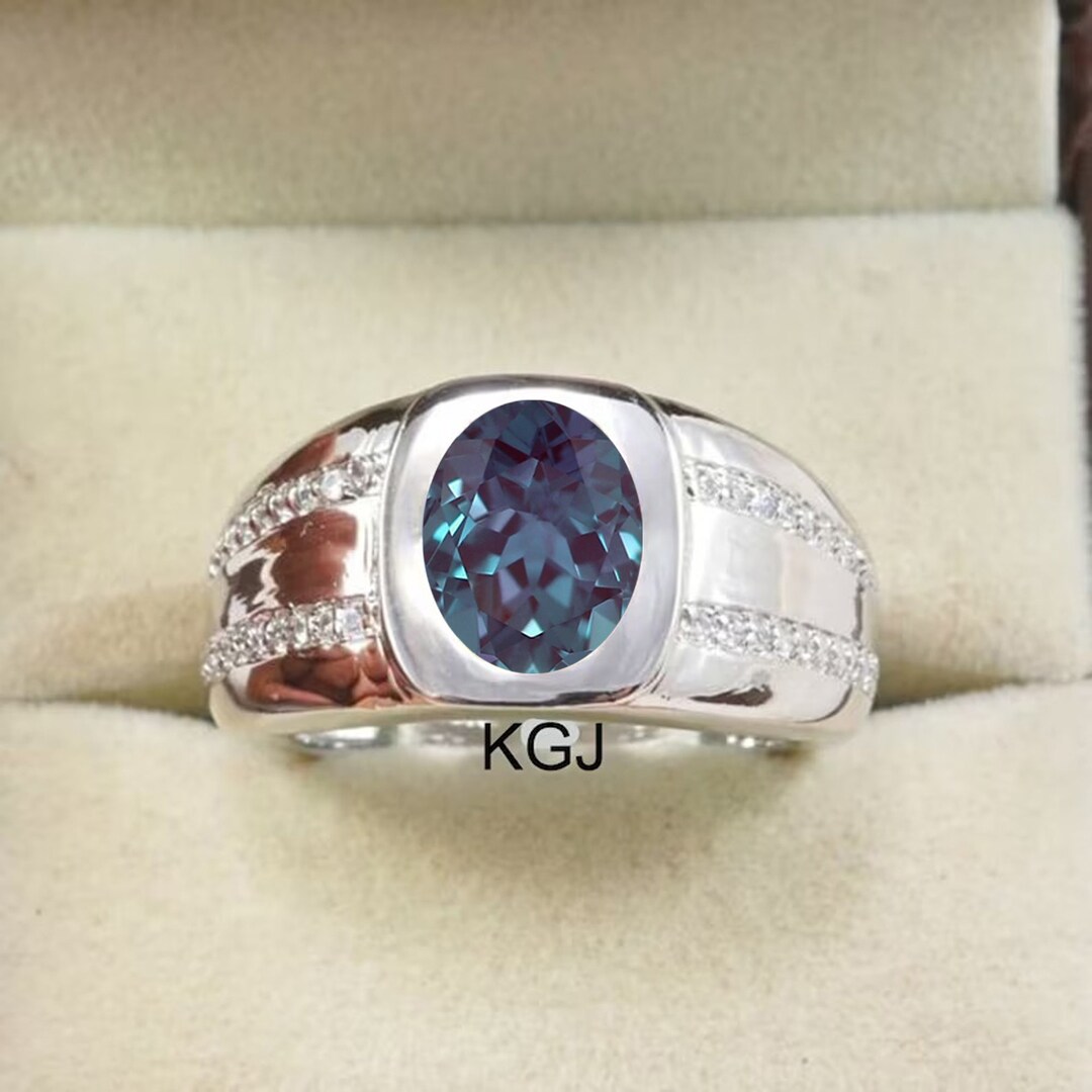 Men's Alexandrite Ring June Birthstone Sterling Silver Engagement Ring Alexandrite Wedding Ring