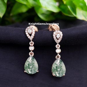 Vintage teardrop green moss agate earrings solid 14k rose gold halo diamond drop earrings for women dainty anniversary gift for her