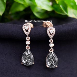 Rutilated Quartz Teardrop Earrings, Black Rutile Quartz Earrings, Black Gemstone Earrings, Wedding Earrings, 14k Rose Gold Studs Earrings