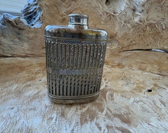 Vintage 1920's Caged Glass and Silver Metal Pocket Flask Half Pint Size