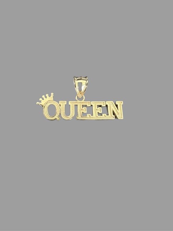 10k Authentic Yellow Solid Gold Queen Crown Tiara Pendant/ Charm, Diamond Cut Gold Queen. Bold Letters. Royal Queen Style Cut