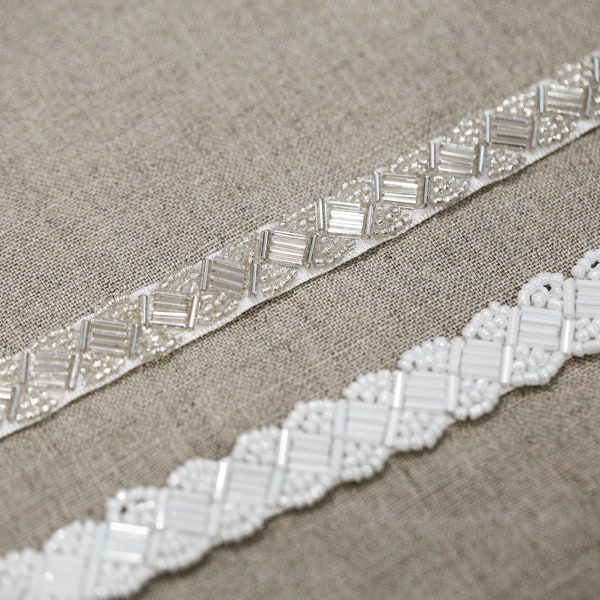Beaded Bridal Trim, Embellished beaded trim, Wedding Gown Bridal Sash, Beaded Trim, Beaded Sewing Trim, Silver Trim, White Trim, Beaded Band