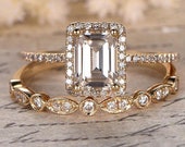 Emerald Cut Moissanite Engagement Wedding Ring Diamond Halo 14k Gold Half Eternity Thin Band Promise Women Anniversary Ring gift for her