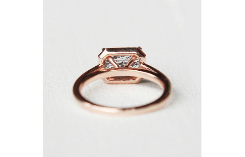 Emerald Shaped Black Tourmalated Quartz Black Rutilated Quartz Ring Tourmalinated Quartz Ring Emerald Cut Rutilated Quartz Engagement Ring