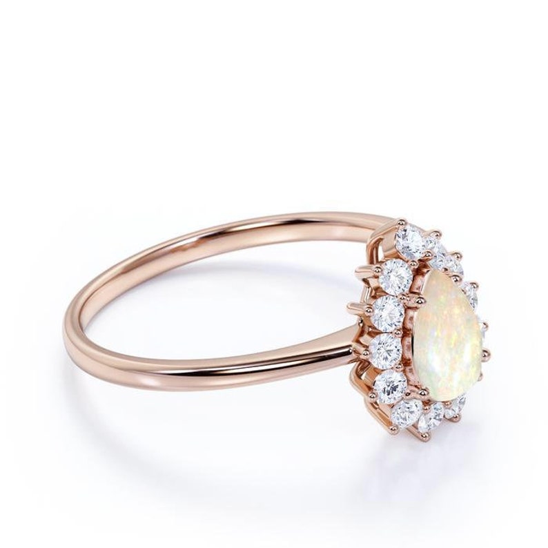 Elegant Vintage Pear Shaped Opal and CZ Diamond Halo Engagement Ring Wedding Engagement Ring Bridal Anniversary Gift for Women Ring for her
