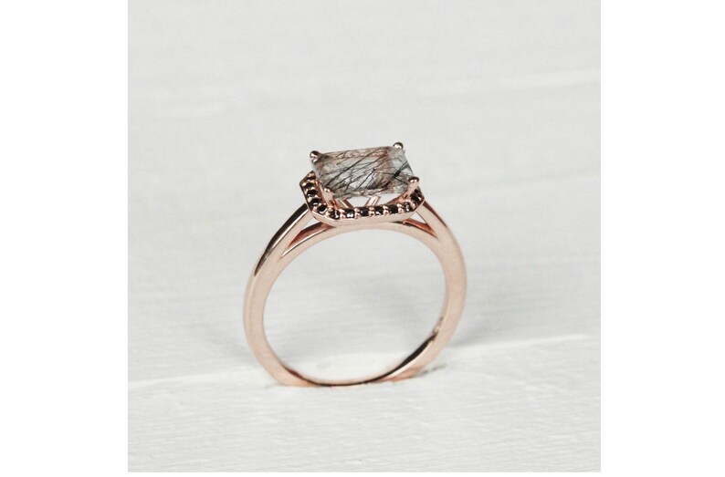 Emerald Shaped Black Tourmalated Quartz Black Rutilated Quartz Ring Tourmalinated Quartz Ring Emerald Cut Rutilated Quartz Engagement Ring
