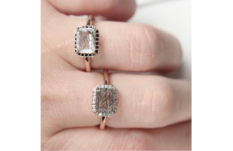 Emerald Shaped Black Tourmalated Quartz Black Rutilated Quartz Ring Tourmalinated Quartz Ring Emerald Cut Rutilated Quartz Engagement Ring